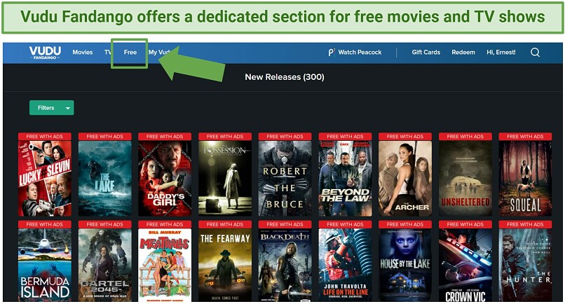 Screenshot of Vudu Fandango user-interface