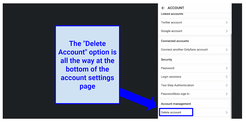 A screenshot of how to delete the OnlyFans account