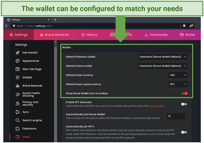 Screenshot of Brave Browser's crypto wallet settings panel