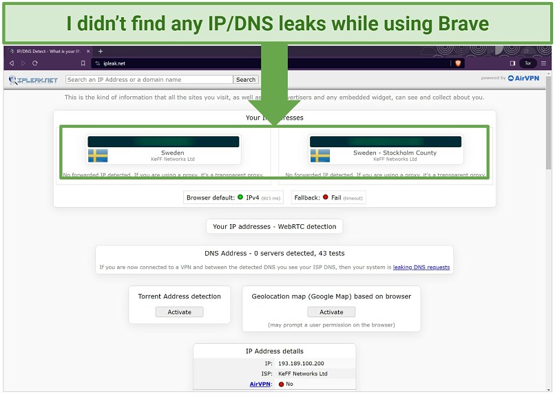 Screenshot of IPleak test on the Brave browser