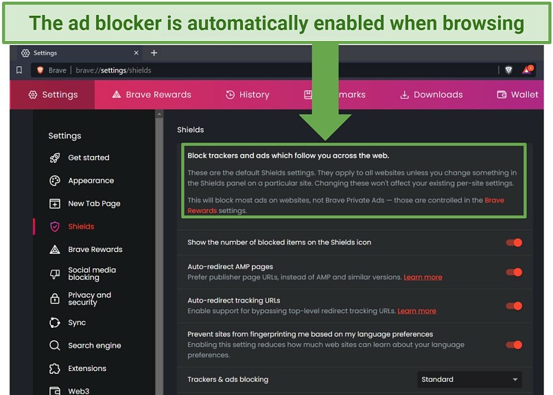 Screenshot of Brave Browser's Ad Blocker Settings