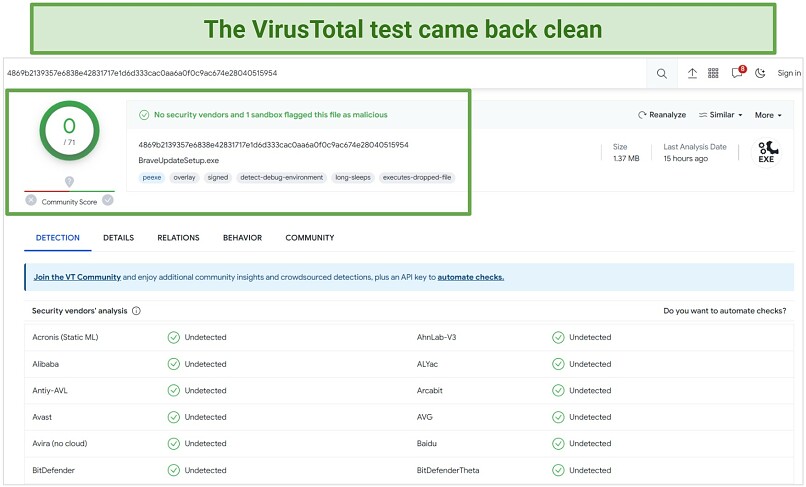 Screenshot of VirusTotal scan on the Brave browser