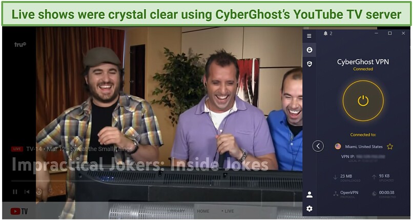 Screenshot of CyberGhost streaming optimized server working with YouTube TV