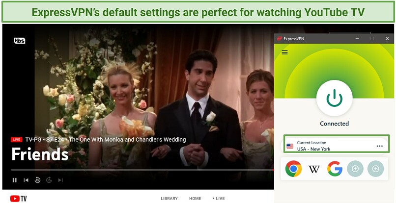Screenshot of Friends streaming on TBS live via YouTube TV while ExpressVPN is connected to a server in New York