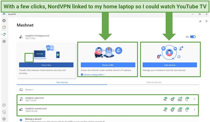 A screenshot of setting up Meshnet via the NordVPN app for watching YouTube TV.