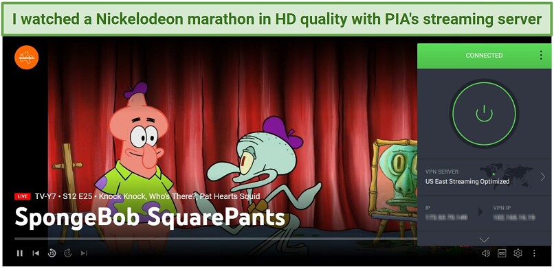 Screenshot of Spongebob Squarepants streaming during a live broadcast of Nickelodeon on YouTube TV while PIA is connected to a streaming server on the east coast US