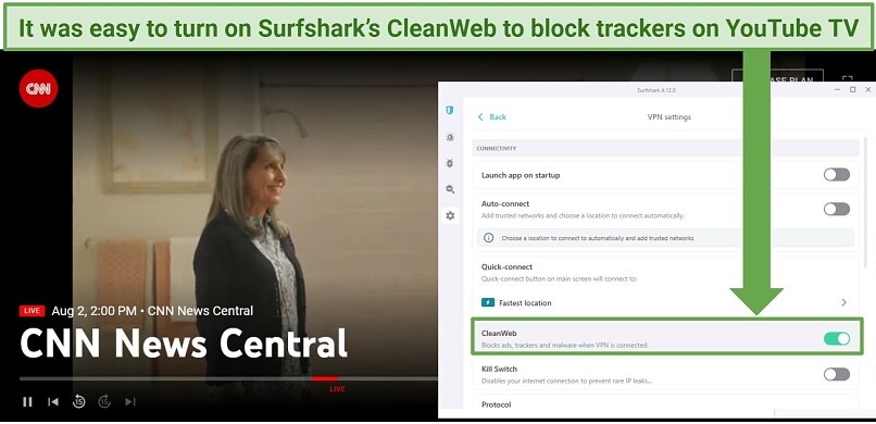 A screenshot of the Surfshark app showing you how to turn on CleanWeb.