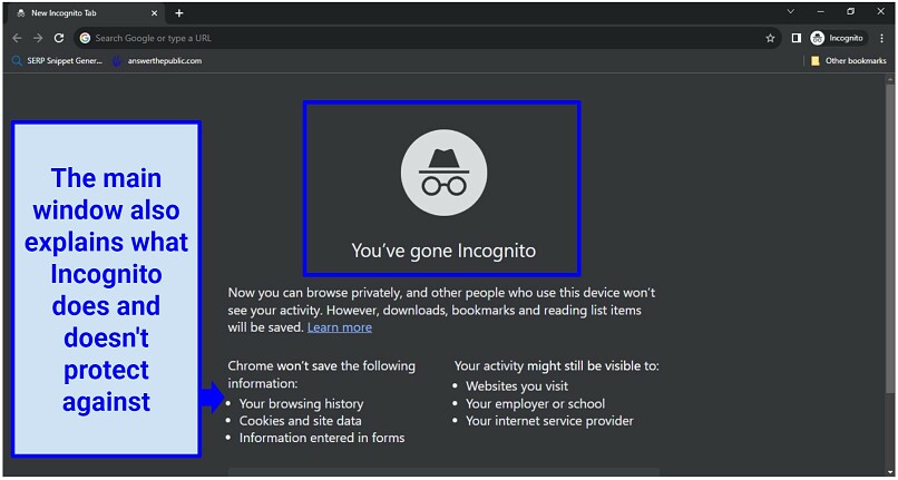 A screenshot of the Chrome browser Incognito Mode Window