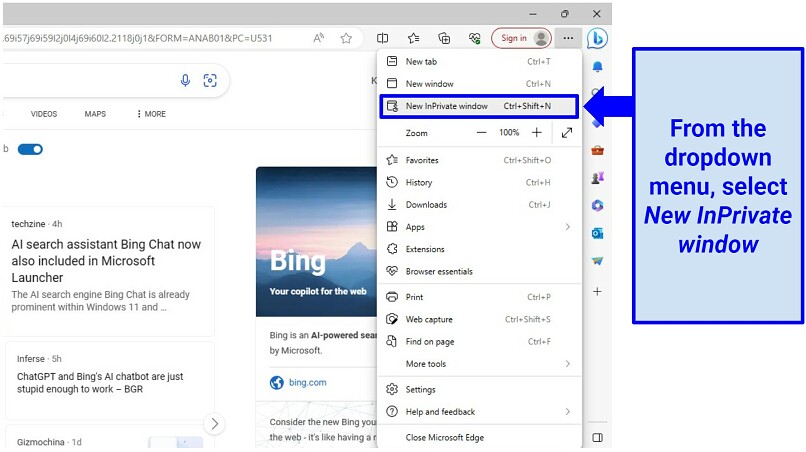 A screenshot of Microsoft Edge settings and options