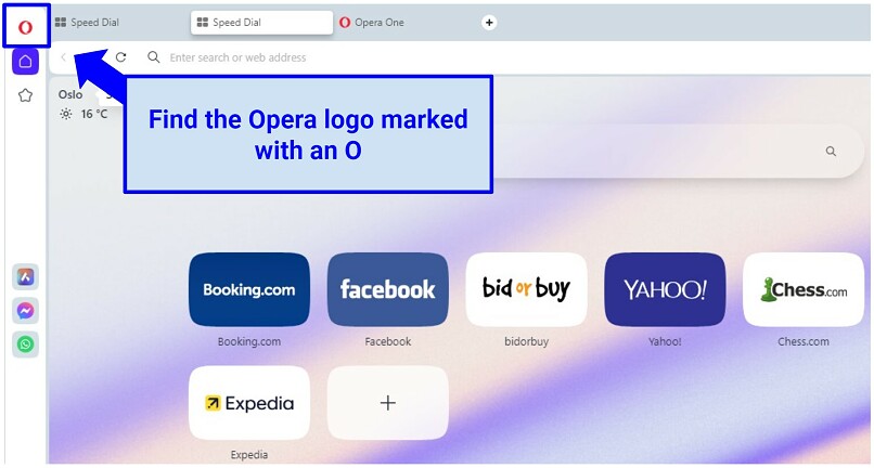 A screenshot of the Opera browser homepage