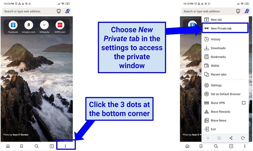 Screenshots of how to enable private browsing on the Brave mobile app