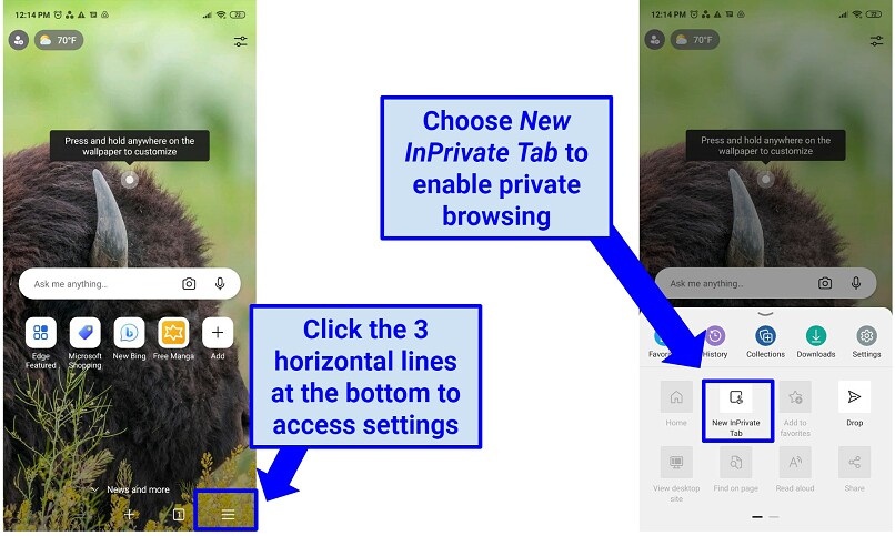 Screenshots of the InPrivate setting on the Microsoft Edge mobile app