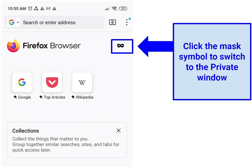 A screenshot of the private browsing setting on the Firefox mobile app
