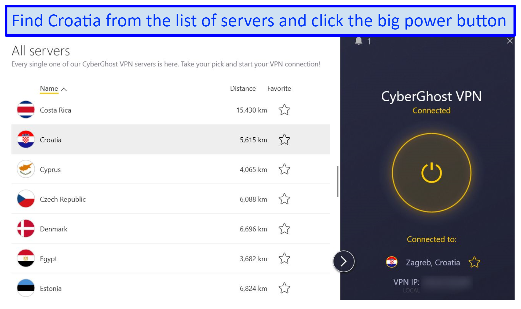 A snapshot showing how to find the Croatian server from CyberGhost\\\\\\\'s list of servers