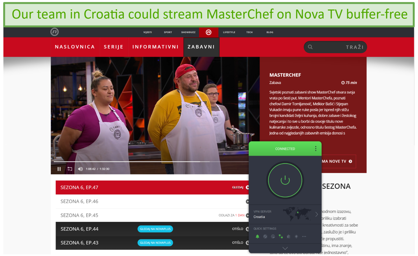 A screenshot showing MasterChef playing on Nova TV while connected to PIA\\\\\\\\\\\\\\\'s Croatia server