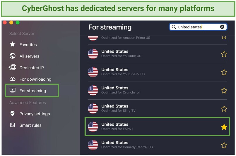 Screenshot of CyberGhost's streaming-optimized servers