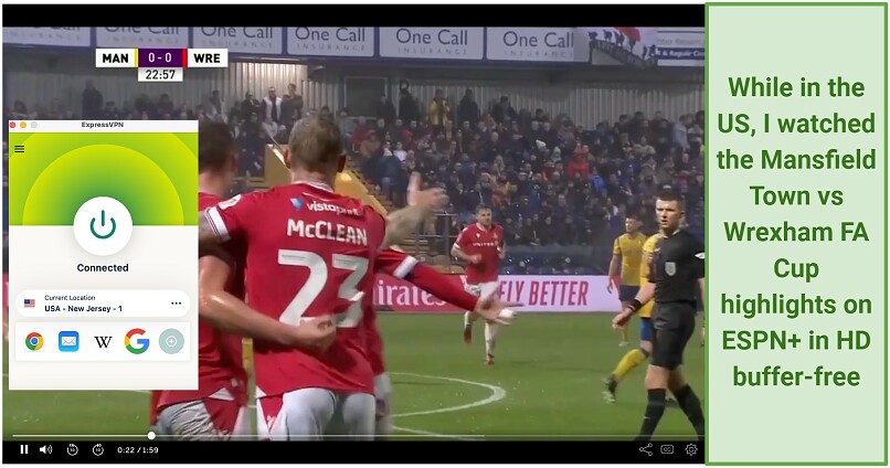 A screenshot of watching Wrexham vas Mansfield Town highlights on ESPN+ with ExpressVPN