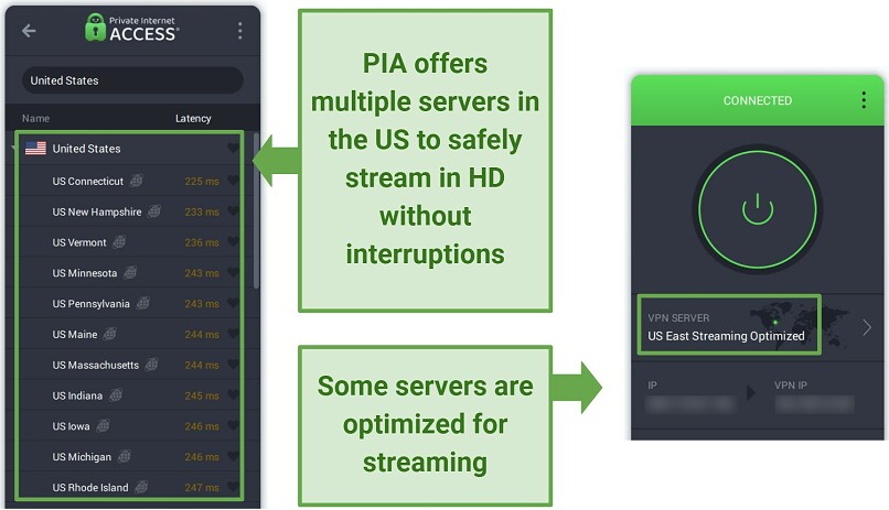Screenshot of PIA's US server network