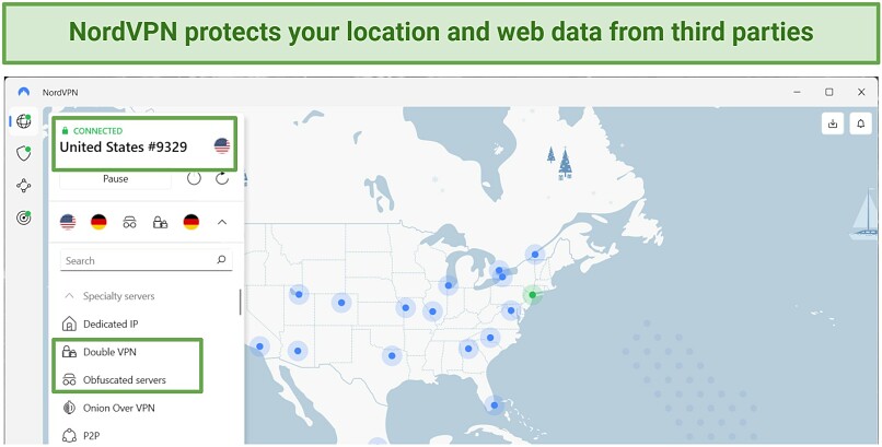 Screenshot of NordVPN connected to a secure US server