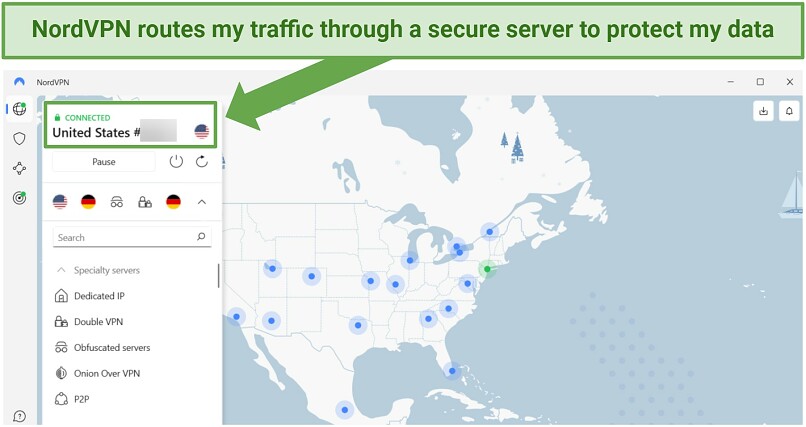 Screenshot of NordVPN active on the US server