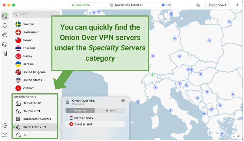 Screenshot of the NordVPN Onion Over VPN servers
