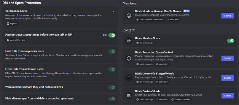 A screenshot showing different moderation tools on Discord