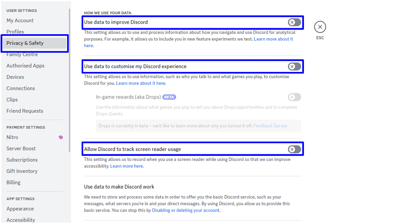 A screenshot showing how to turn off some of Discord's data collection