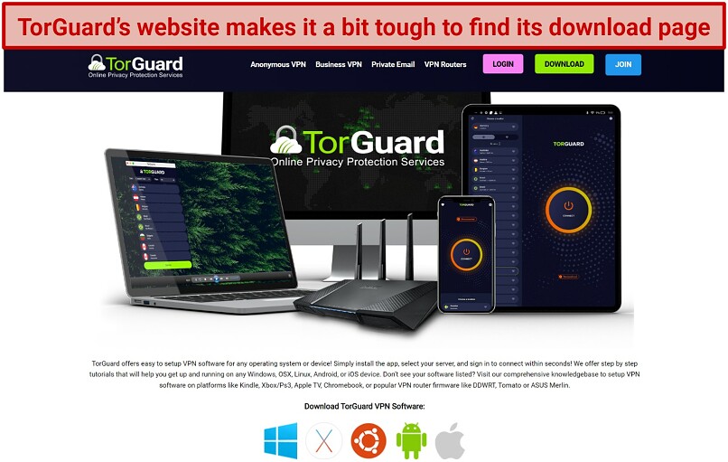 Screenshot of TorGuard's Anonymous VPN download page
