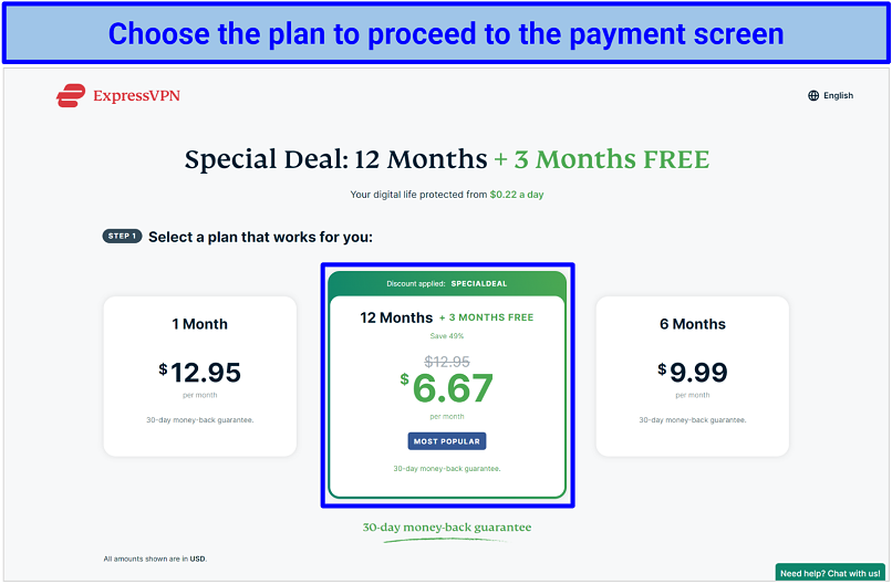Screenshot of ExpressVPN's plan selection page