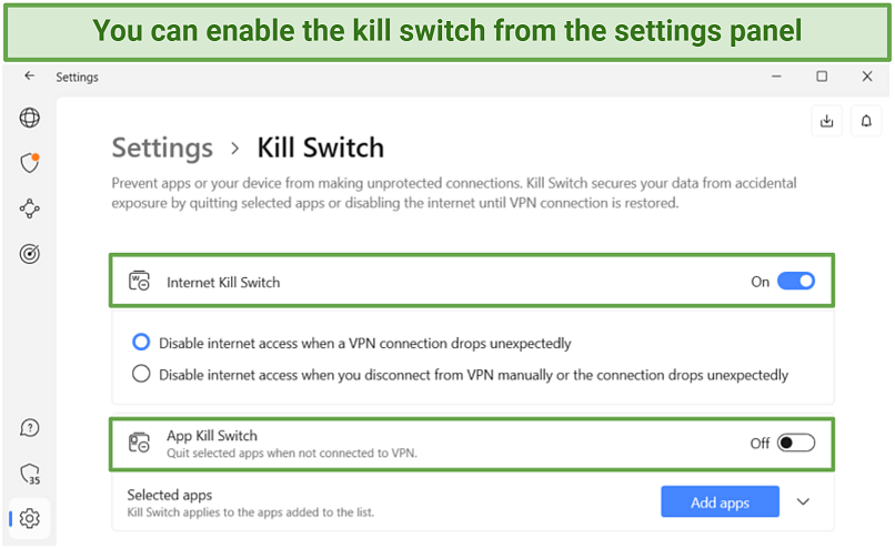 Screenshot of NordVPN's kill switch settings