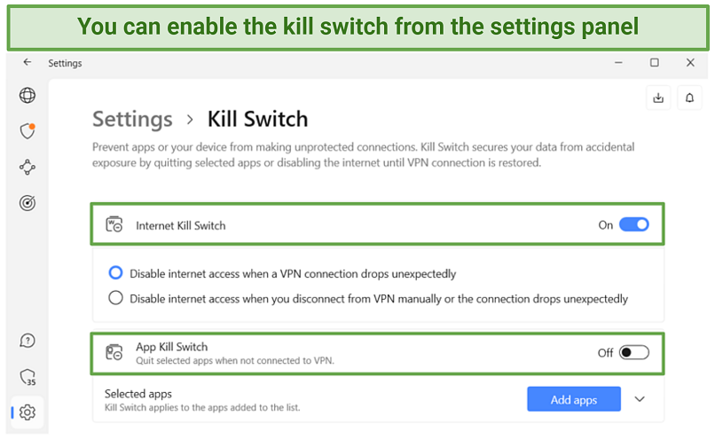 Screenshot of NordVPN's kill switch settings