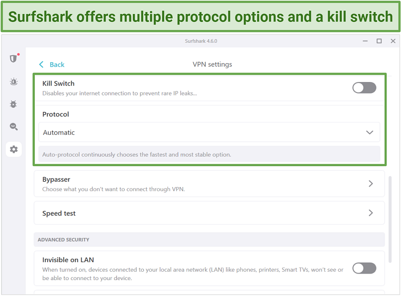 Screenshot of Surfshark's kill switch and protocol settings