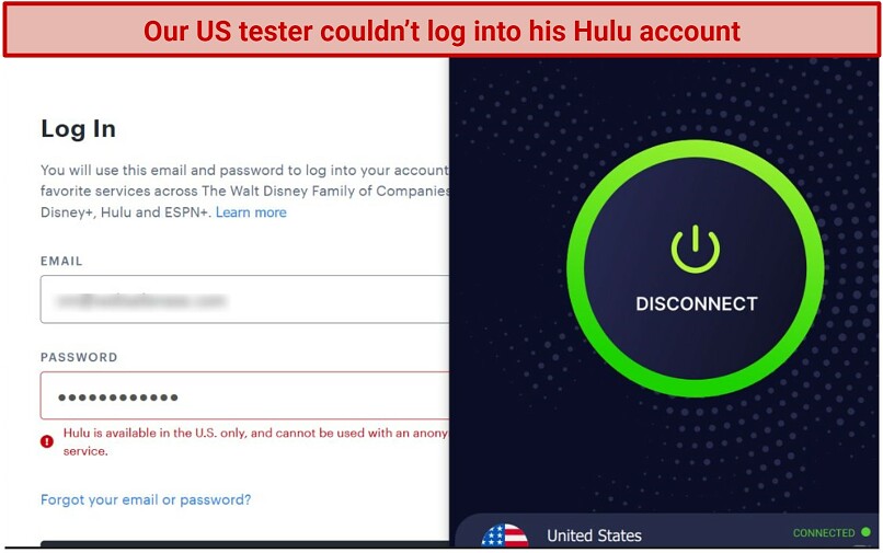 Screenshot showing the Hulu login page preventing our tester's access while connected to TorGuard