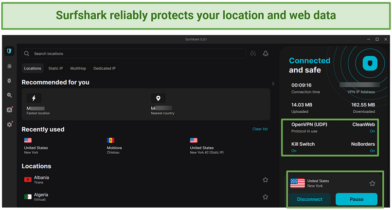 Screenshot of Surfshark connected to the US server
