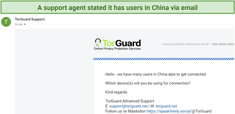 A screenshot showing an email response with TorGuard's agent confirming that it works in China