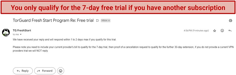 Screenshot of an email from TorGuard detailing the terms of its 7-day trial