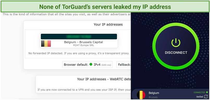 Screenshot of a successful test done on ipleak.net while connected to TorGuard's Belgian server