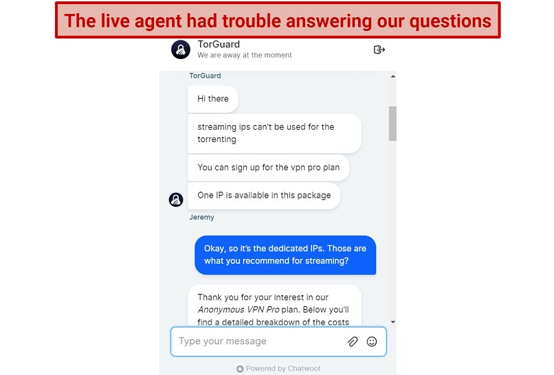Screenshot of a conversation with TorGuard's live chat where they couldn't provide adequate answers to our questions