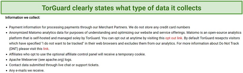 A screenshot showing a snapshot of TorGuard's privacy policy stating the data it collects