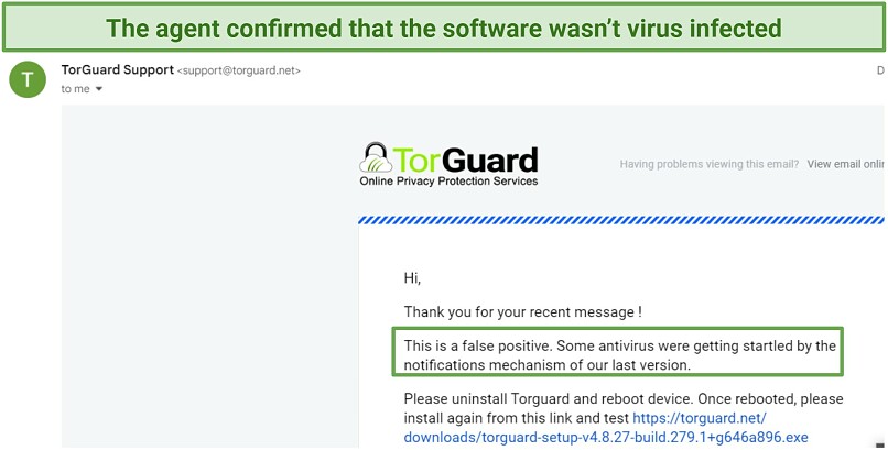 Screenshot of an email from TorGuard support claiming VirusTotal provided false positives for malware in TorGuard