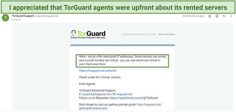 A screenshot of an email response from TorGuard support confirming that it rents some of its servers