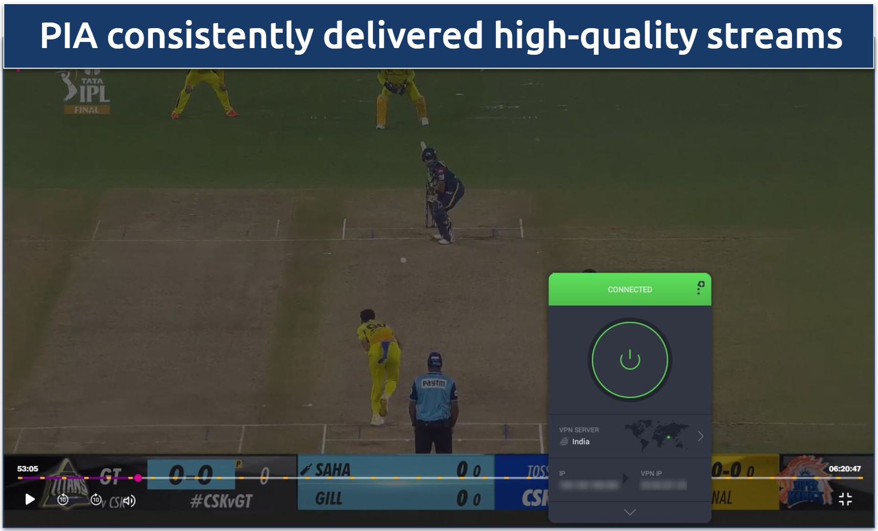 Screenshot of the IPL playing on JioCinema with PIA connected to the India server