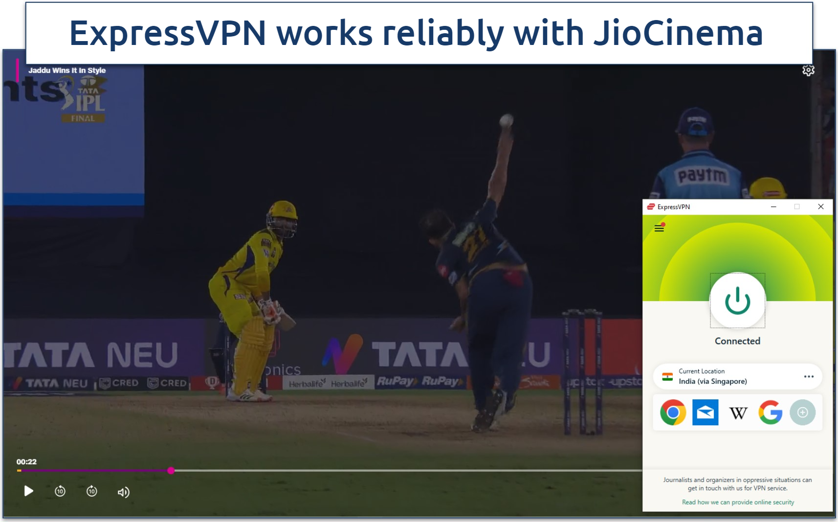 Screenshot showing the IPL playing on JioCinema with ExpressVPN connected to the virtual Indian server