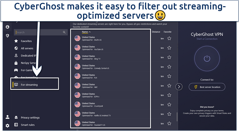 A screenshot showing CyberGhost’s simple user interface