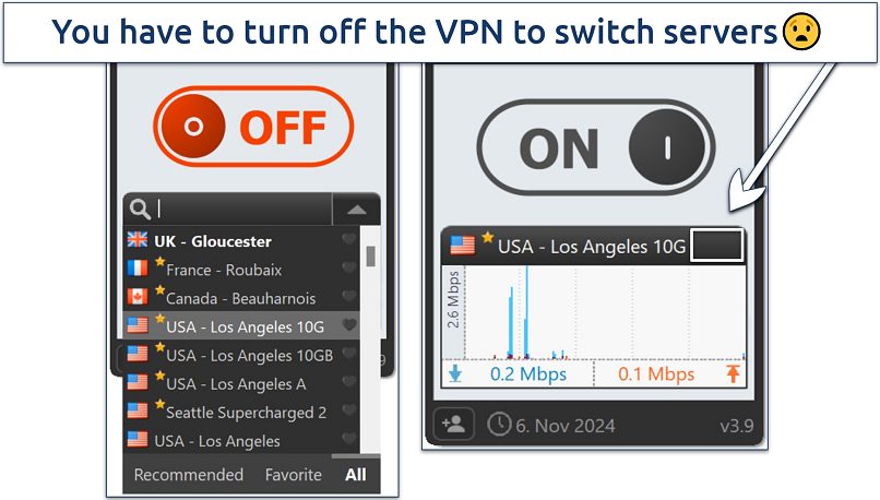 Screenshot showing Astrill VPN connected and disconnected highlighting how the server list is inaccessible when the VPN is on