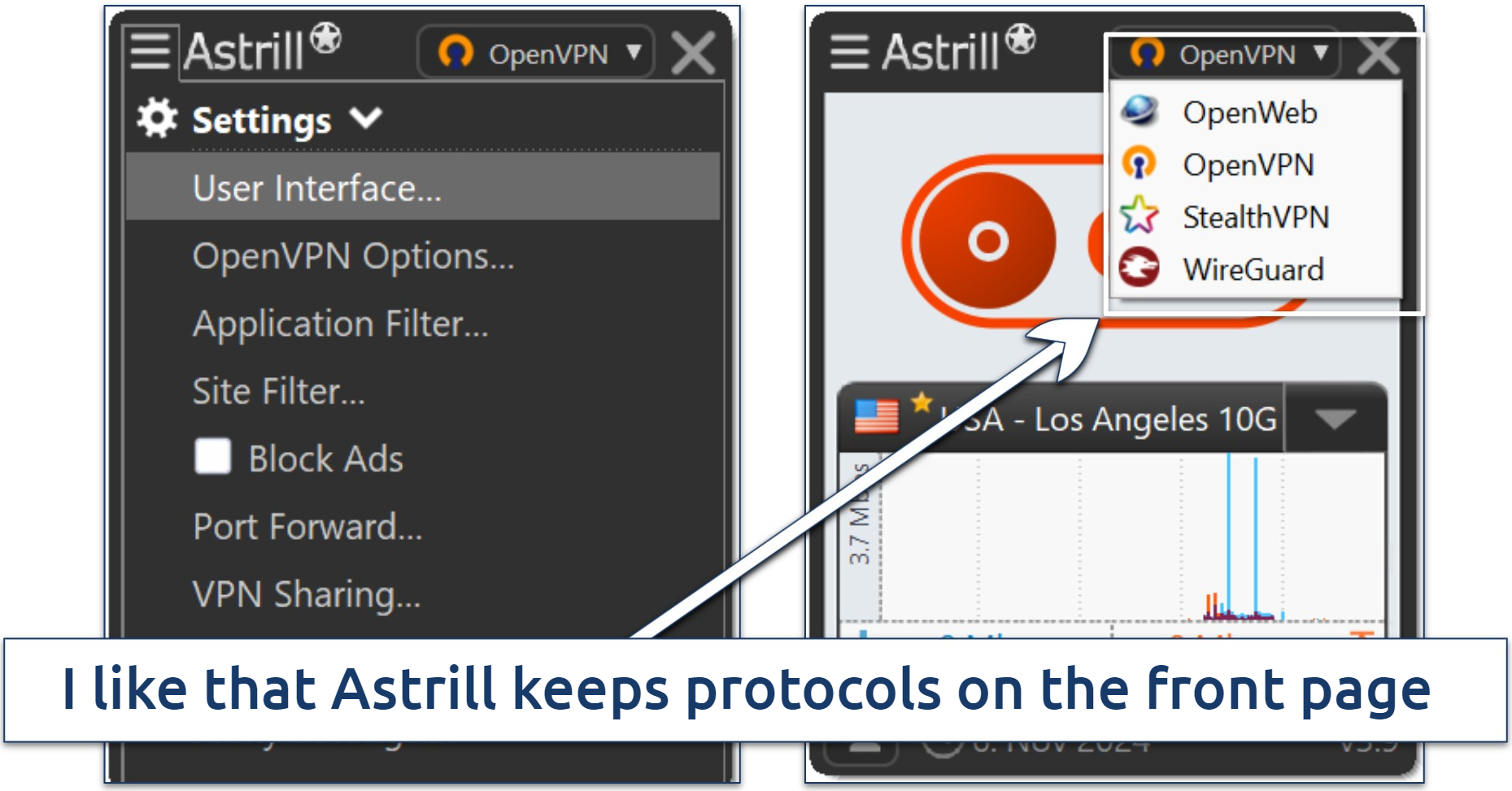 Screenshot of Astrill VPN's Windows app highlighting how to change protocols and access the settings