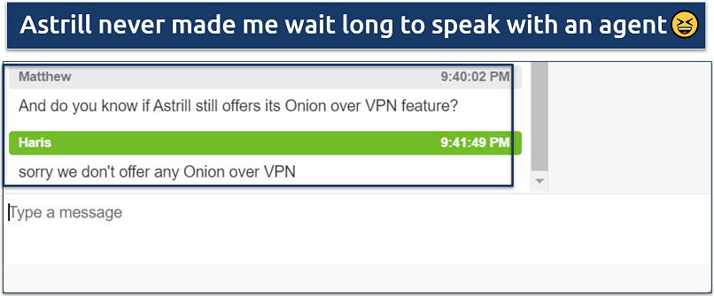 Screenshot of a conversation with Astrill VPN's live chat where I was told there is no Onion over VPN feature