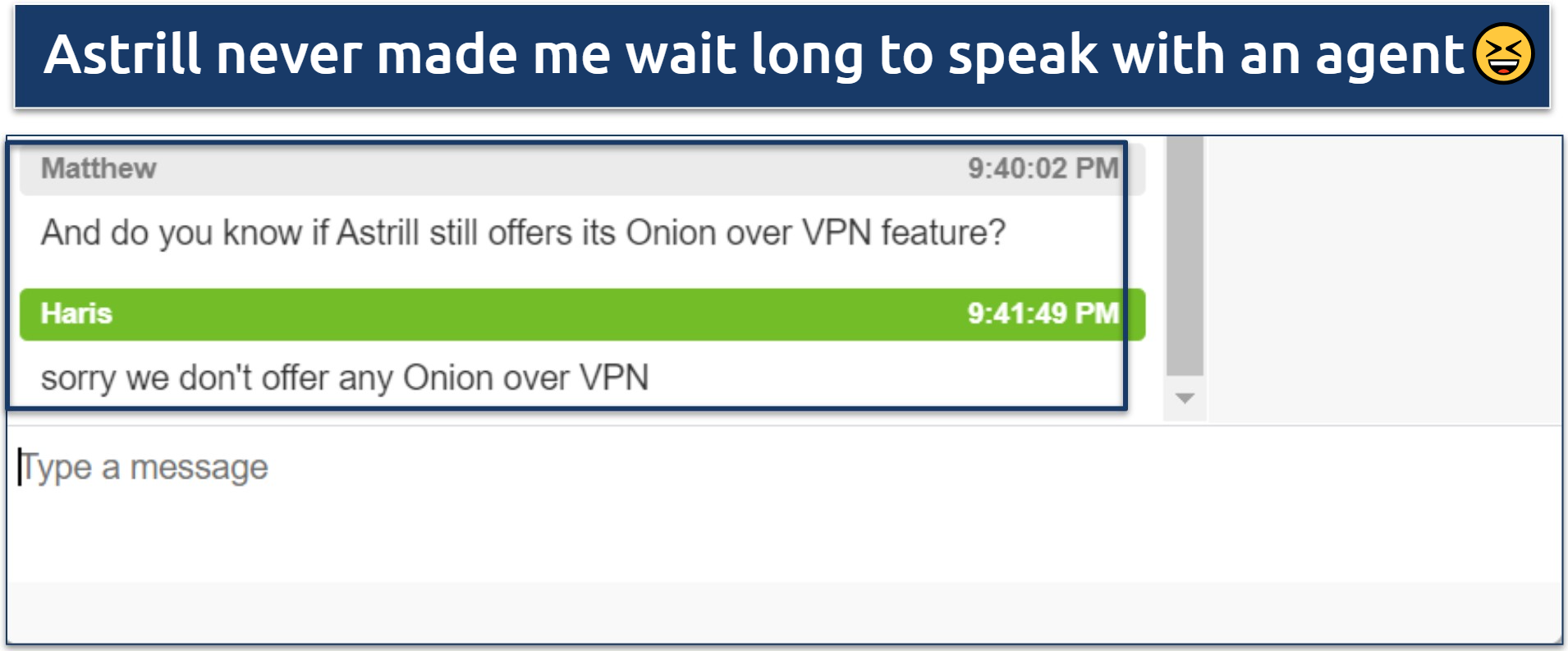 Screenshot of a conversation with Astrill VPN's live chat where I was told there is no Onion over VPN feature 
