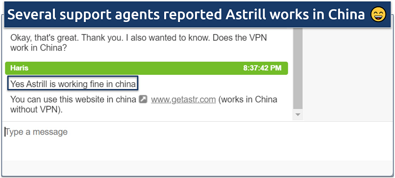 Screenshot of a conversation with Astrill VPN support where they state it works in China
