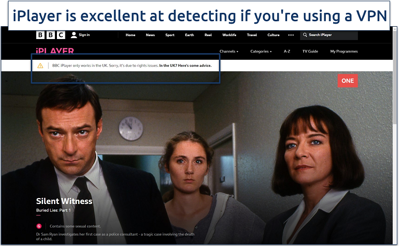 A screenshot of Silent Witness on BBC iPlayer with the error message